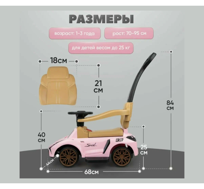 Детская машина каталка толокар LB-616 Lamborghini синяя с отцовской ручкой, музыкальным рулем и подсветкой фар, корпус из прочного пластика, резиновые колеса, защитные бортики, подножки, багажник под сиденьем, до 25 кг