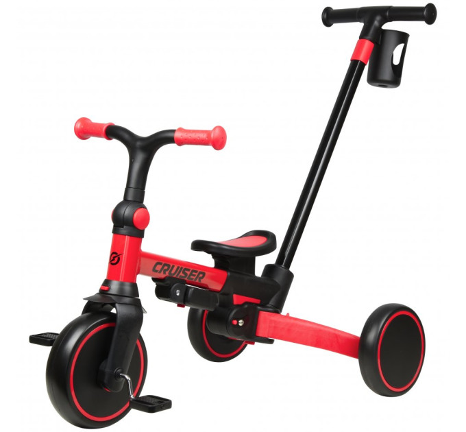 Детский биговел-трансформер Tri-cycle Milano 002 6in1, многофункциональный велосипед для малышей от 1,5 лет, резиновые колеса, регулируемая родительская ручка, съемные педали, спинка и козырек (красный, желтый, серый)