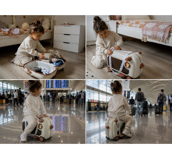 Детский чемодан-каталка Little Bamby 2 в 1 на колесах, чемодан для ручной клади, детский дорожный чемодан, формованный пластик, ремень для переноски, выдвижные подножки, от 1 года, до 20 кг (розовый, голубой, коричневый)
