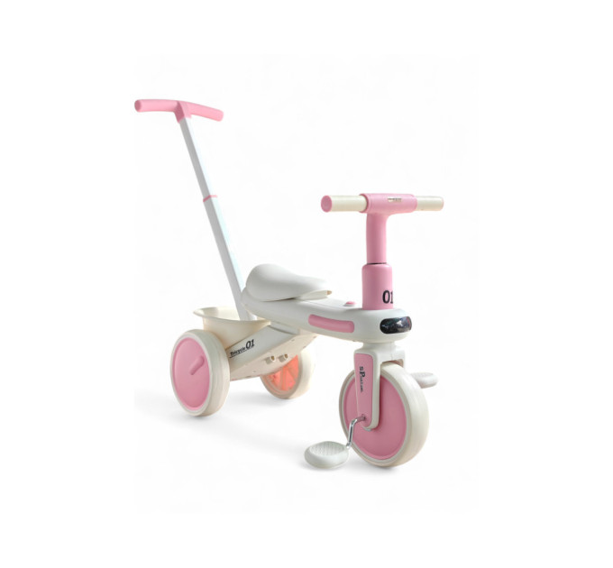 Детский трехколесный велосипед-беговел Tricycle 01, велосипед-трансформер с родительской ручкой, музыкальным сопровождением и подсветкой, для детей от 1,5 года, до 40 кг (желтый, розовый)