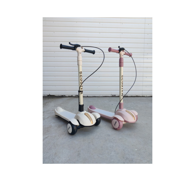 Детский трехколесный самокат Scooter Sport от 3 лет, складной с ручным тормозом, подшипники ABEC-9, музыкальная платформа с подсветкой, удлиненный руль, нагрузка до 75 кг (белый, розовый)