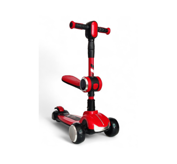 Детский самокат 2 в 1 с сиденьем Scooter Highend 828A, от 1,5 года, самокат-трансформер, музыкальная платформа с подсветкой, фары, погрузка до 90 кг (красный, серый, желтый)