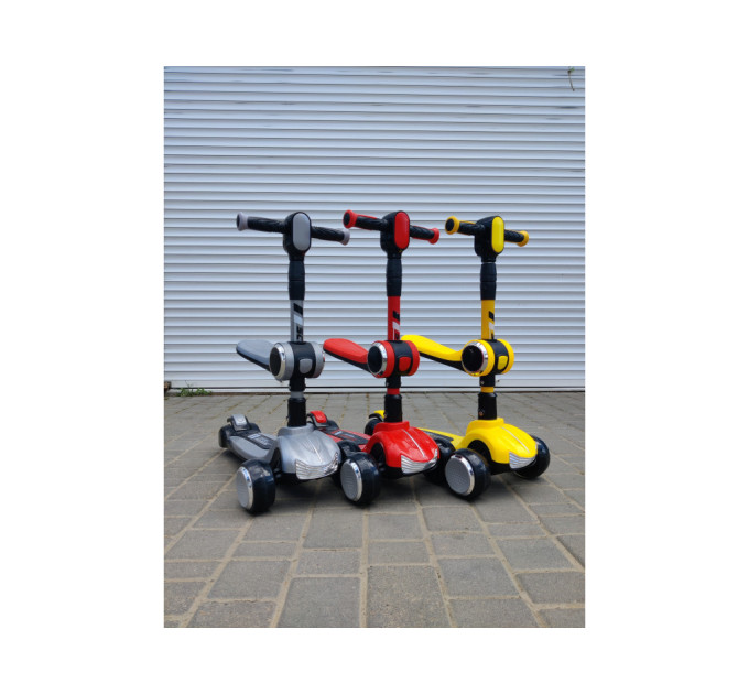 Детский самокат 2 в 1 с сиденьем Scooter Highend 828A, от 1,5 года, самокат-трансформер, музыкальная платформа с подсветкой, фары, погрузка до 90 кг (красный, серый, желтый)