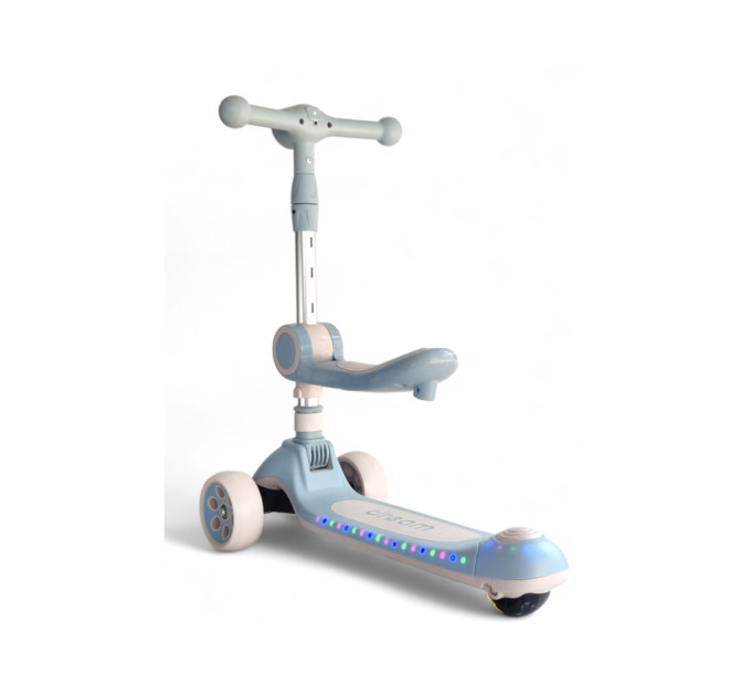 Детский самокат с сиденьем 2 в 1 Scooter Dream M2 от 1,5 года, самокат-трансформер для детей, музыкальная платформа со светом, фонарик с 3 режимами, резиновые вставки, погрузка до 90 кг (голубой, коричневый, мятный, розовый, черный)