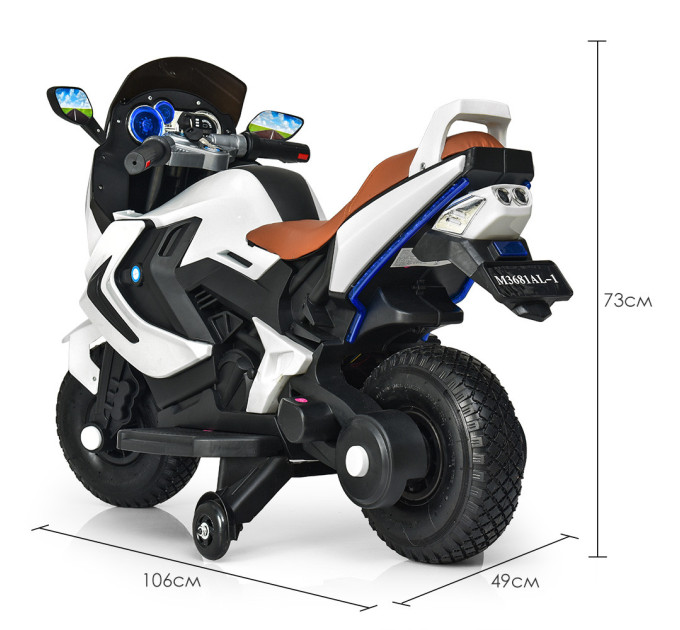 Детский электромотоцикл белый Bambi M 3681AL-1 с дополнительными колесами