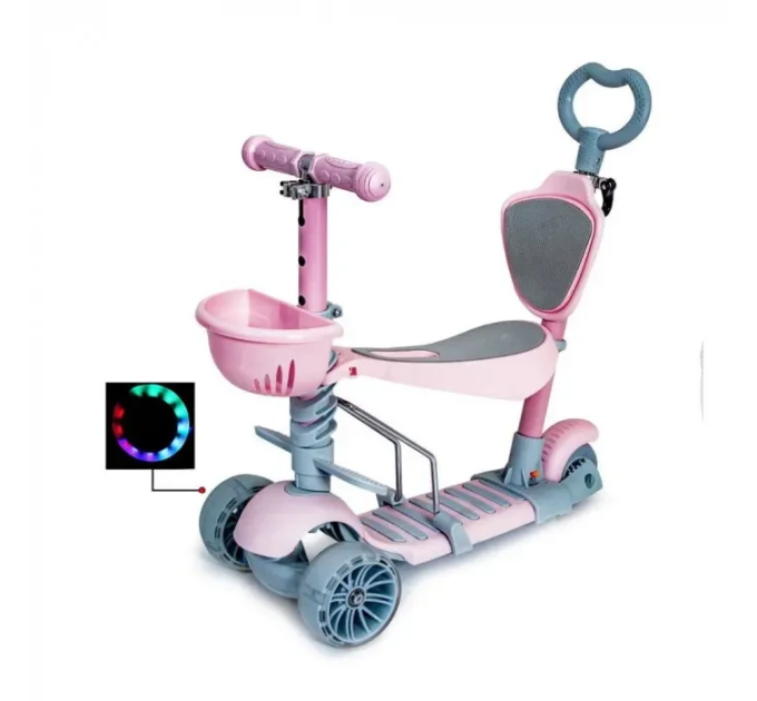 Трехколесный детский самокат Scooter 5 в 1 с сиденьем, родительской ручкой и корзинкой 1+