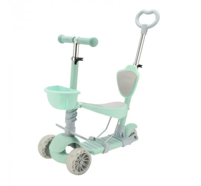 Трехколесный детский самокат Scooter 5 в 1 с сиденьем, родительской ручкой и корзинкой 1+