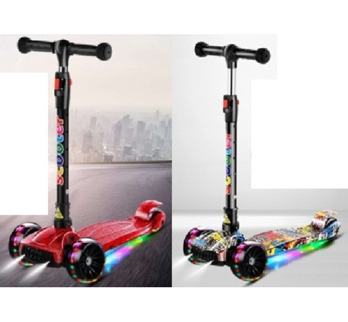 Дитячий триколісний самокат Scooter 505 алюміній+сталь, регульоване кермо, колеса зі світлом, музика, складаний