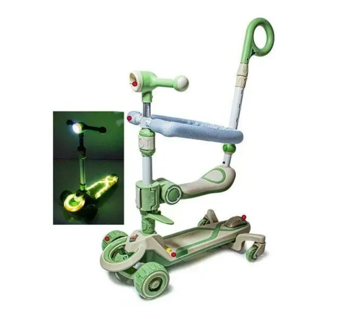 Самокат детский Scooter колеса со светом, складной, дополнительные колеса, родительская ручка, бампер