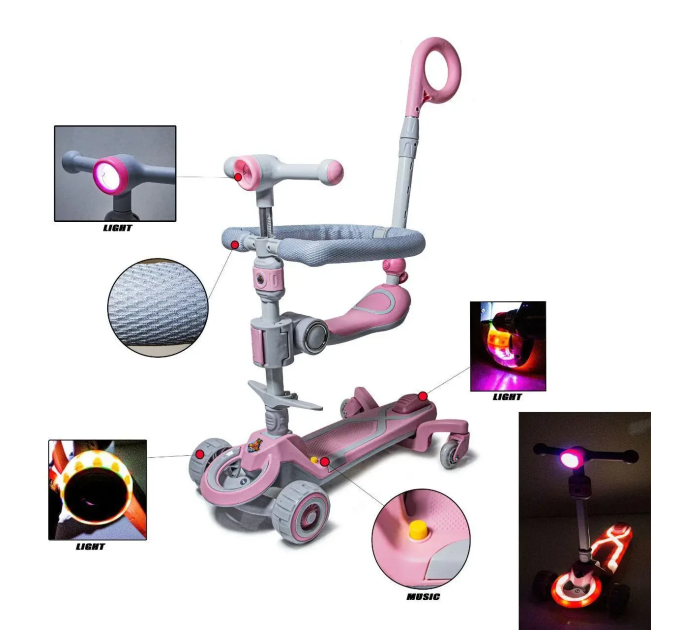 Самокат детский Scooter колеса со светом, складной, дополнительные колеса, родительская ручка, бампер