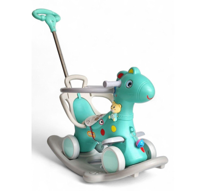 Детский музыкальный беговел качеля Pony NN15834 с родительской ручкой, зеленый и розовый цвет