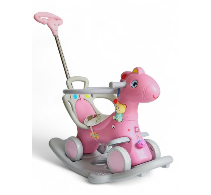 Детский музыкальный беговел качеля Pony NN15834 с родительской ручкой, зеленый и розовый цвет